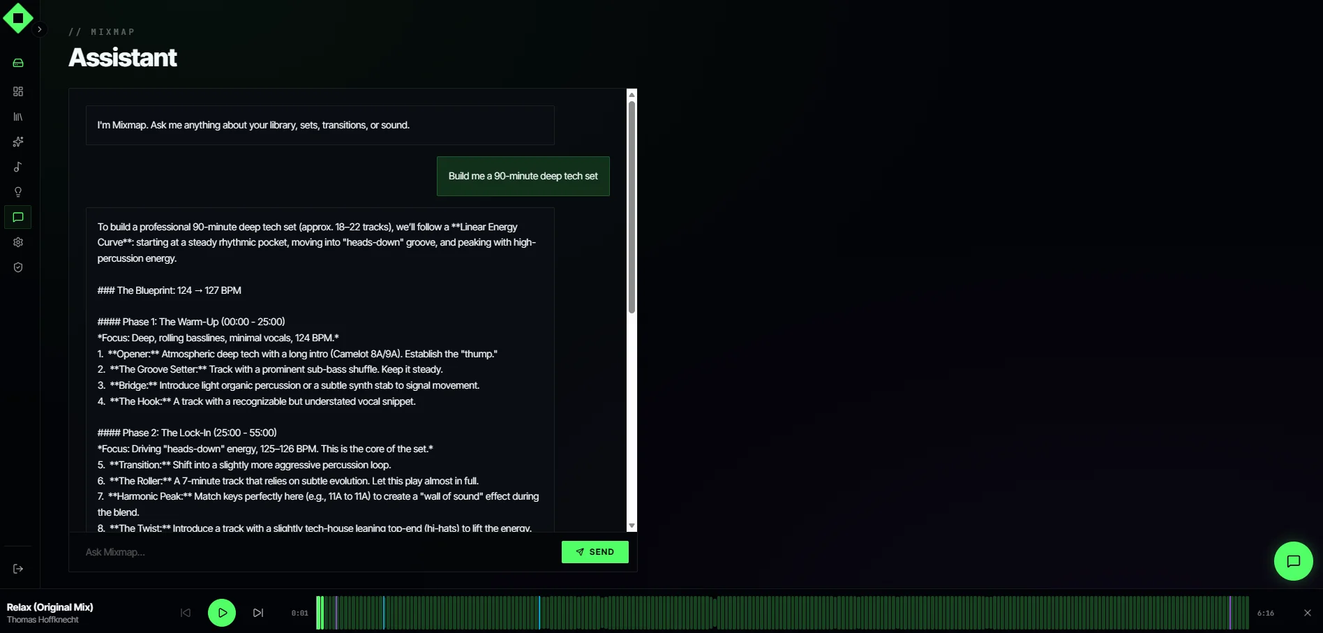 Mixmap Assistant chat planning a 90-minute deep tech set