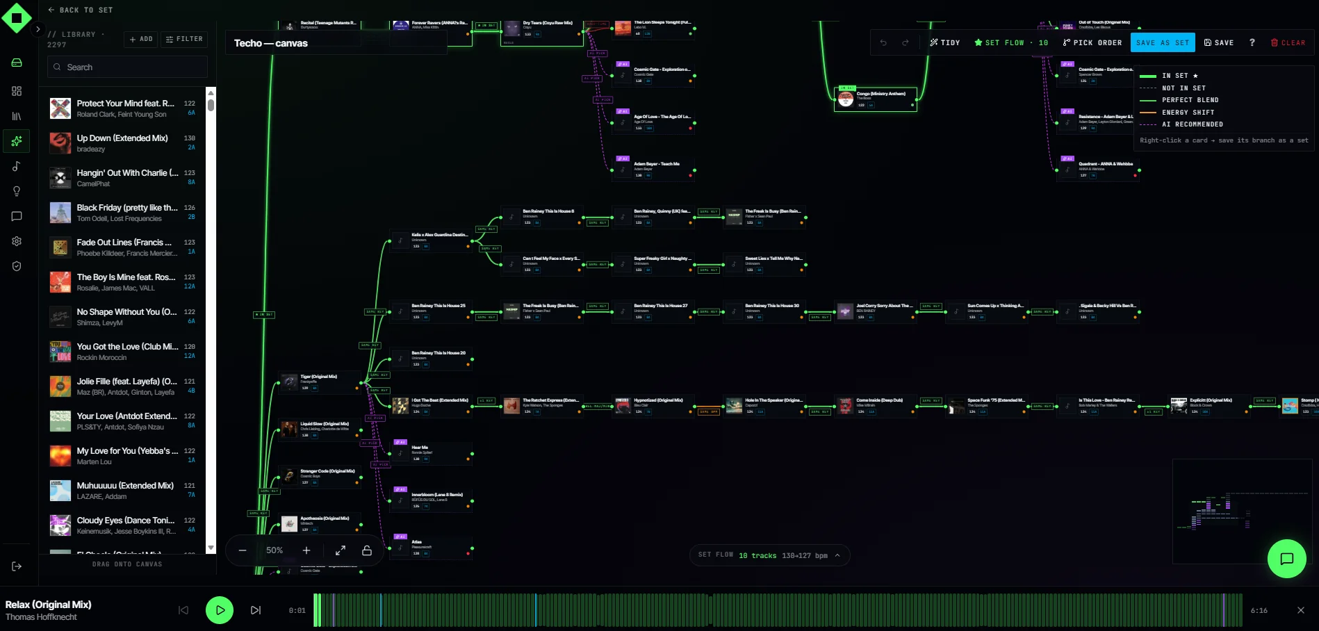Canvas mode node graph branching tracks across a set