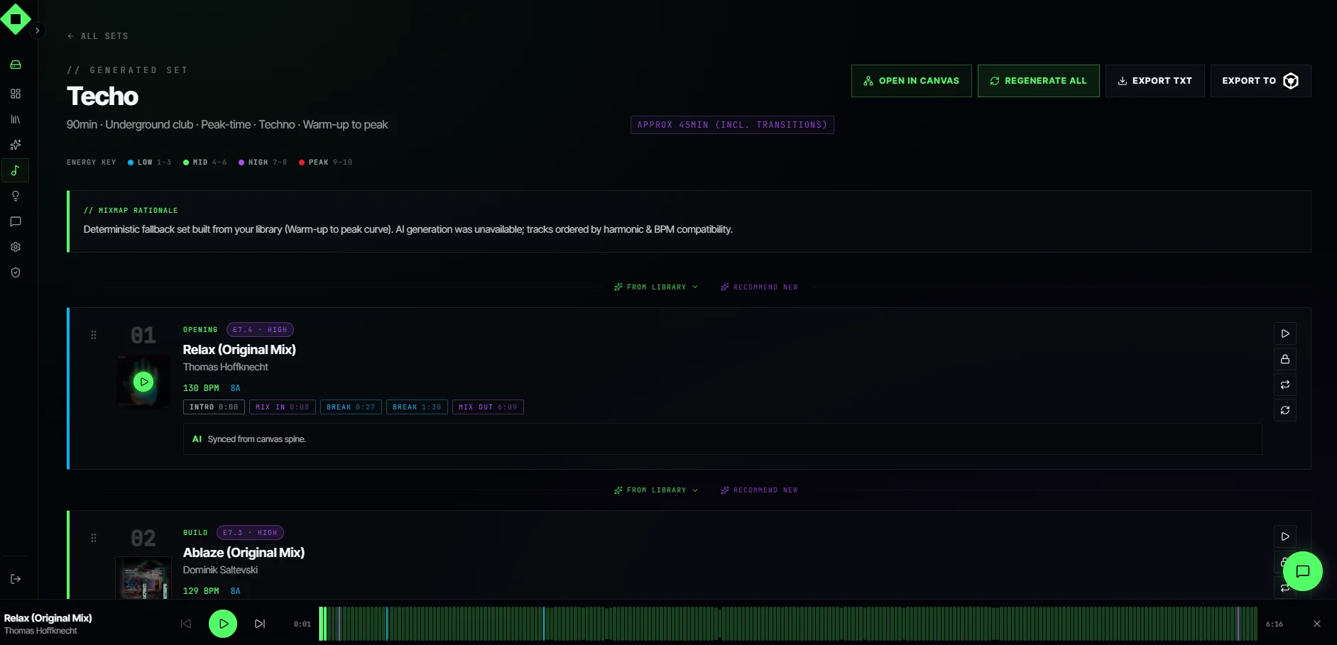 Generated set view with tracklist, BPM, key and mix points