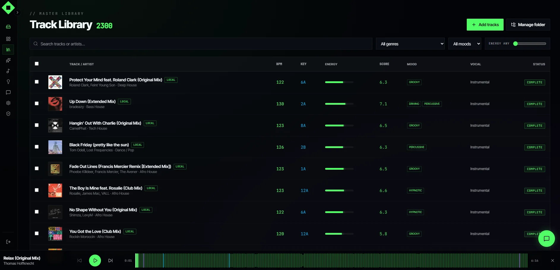 Track library with BPM, key, energy, mood and vocal analysis
